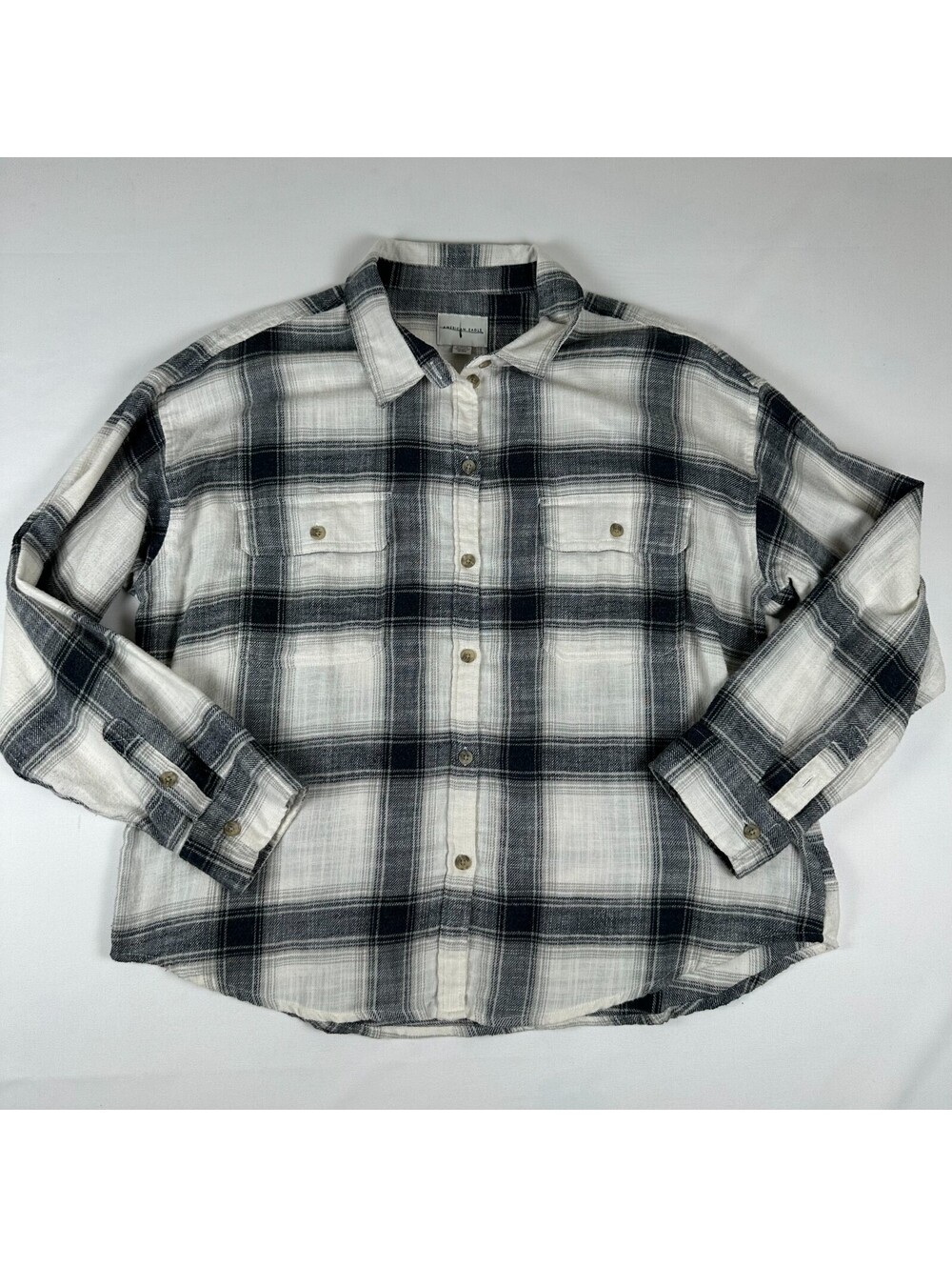 American Eagle Womens XL Flannel Button Down Shirt Plaid Cotton Blend Cream Navy